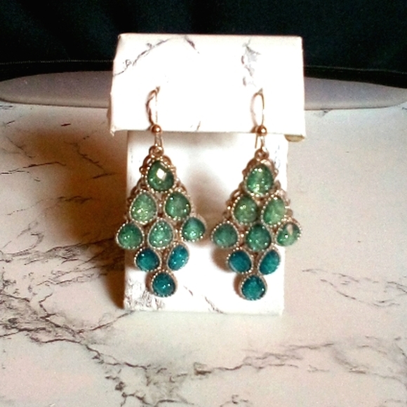 Vintage Jewelry - Vintage Chandelier Sparkly Teal & Sparkly Green Teardrops Earrings